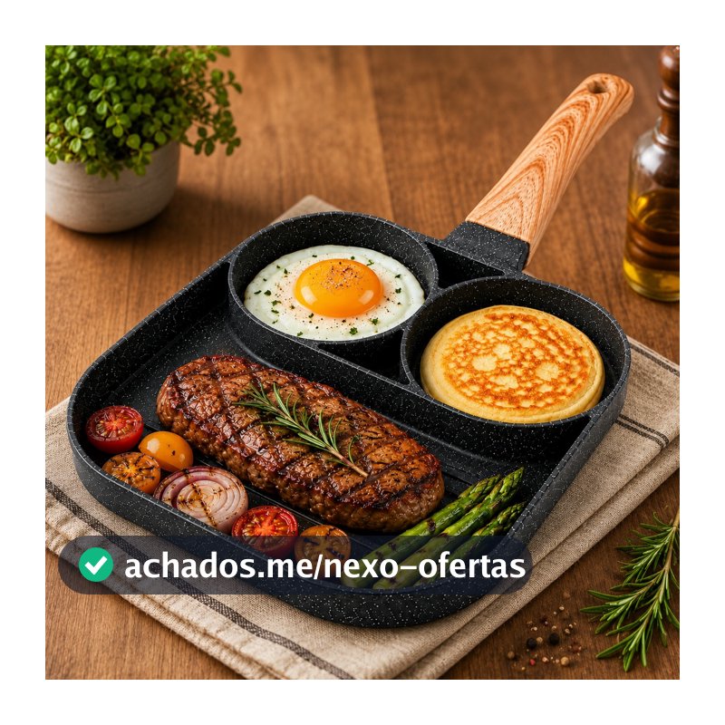 Frigideira Antiaderente Dividida em 3  Cavidades para Hambúrguer, Ovo e Carne | Panela Multiuso