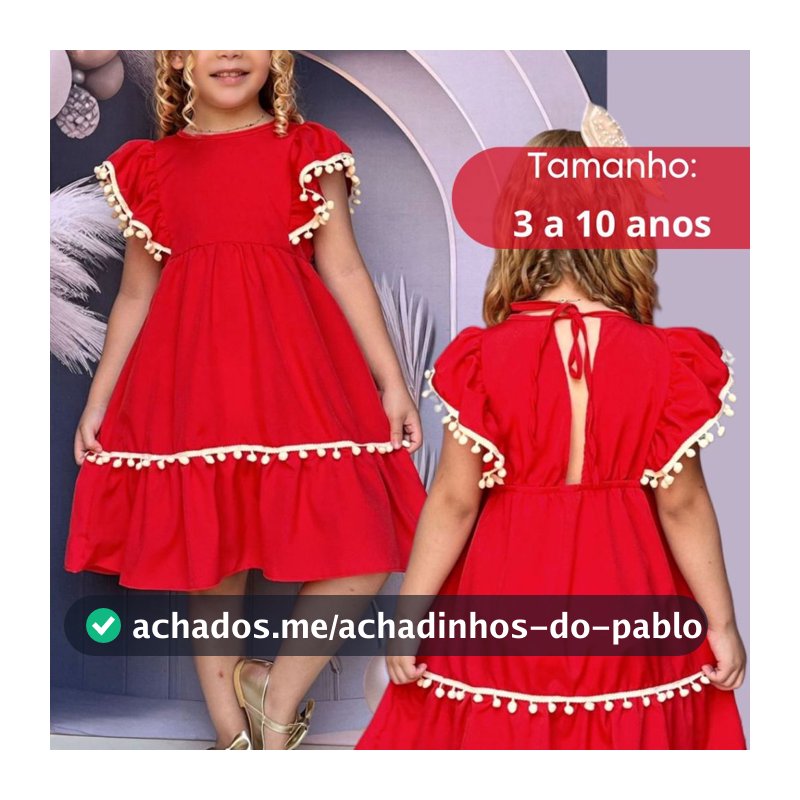 Vestido Infantil Menina Vermelho Pompom MODELO LUXO FESTAS DIA DAS CRIANÇAS