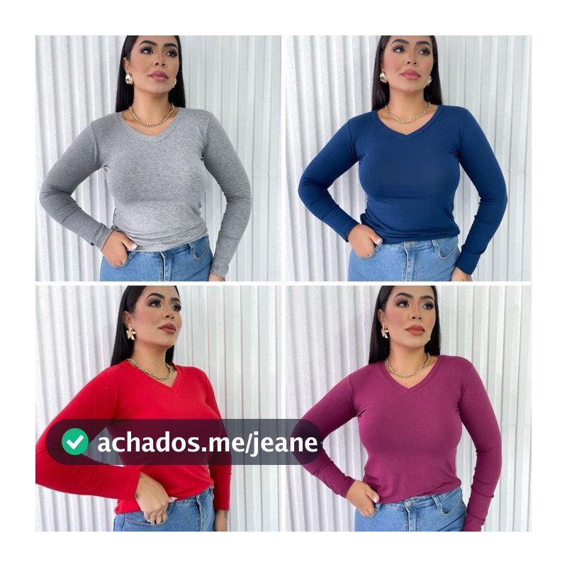 Kit 4 Blusa Feminina Gola V Manga Longa Segunda Pele Blusinha Basica Tshirt