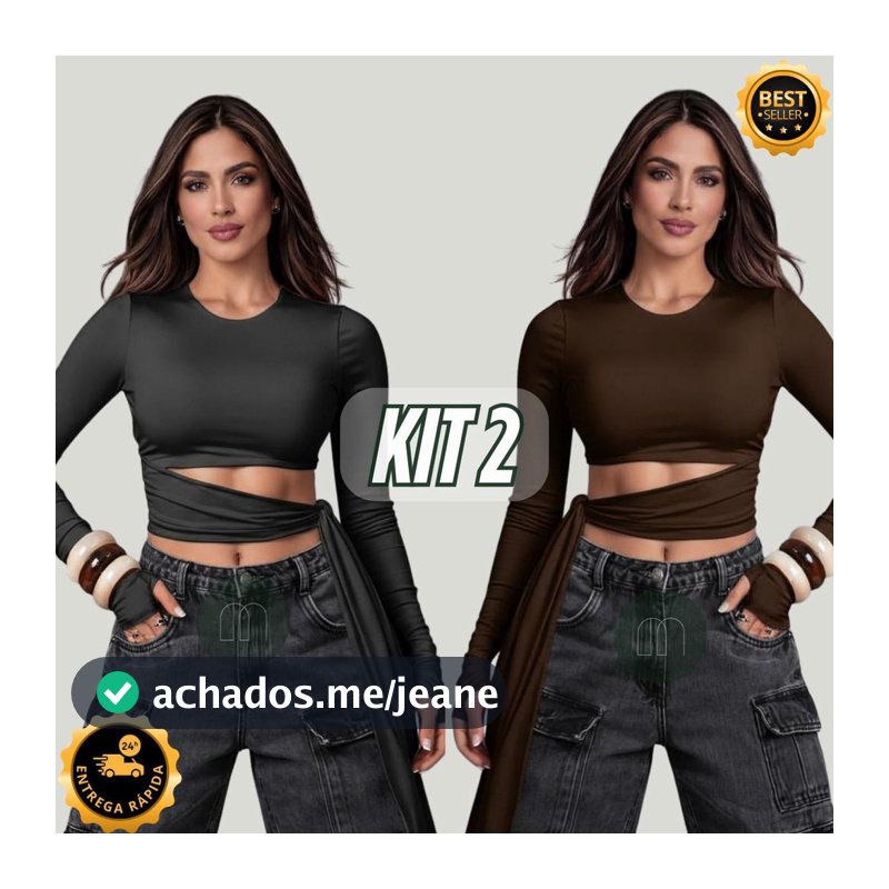 Kit 2 ou 1 Unidade Blusa Cropped com Amarração Manga Longa – Suplex Premium Slim Festa Moda Gringa