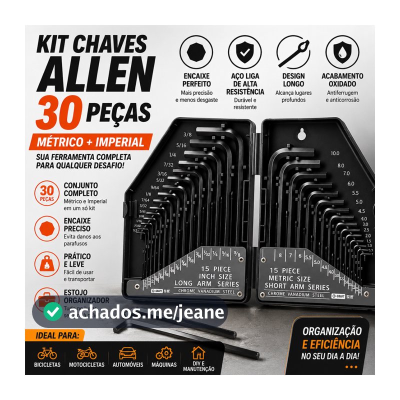 Jogo De Chaves Allen 30/35 Peças Métrica E Polegada Aço Liga