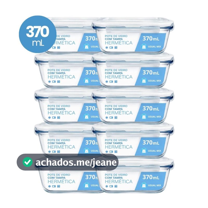 Kit 10 Pote Vidro Hermético Marmita 370ml Micro-ondas Freezer Forno Organização Geladeira