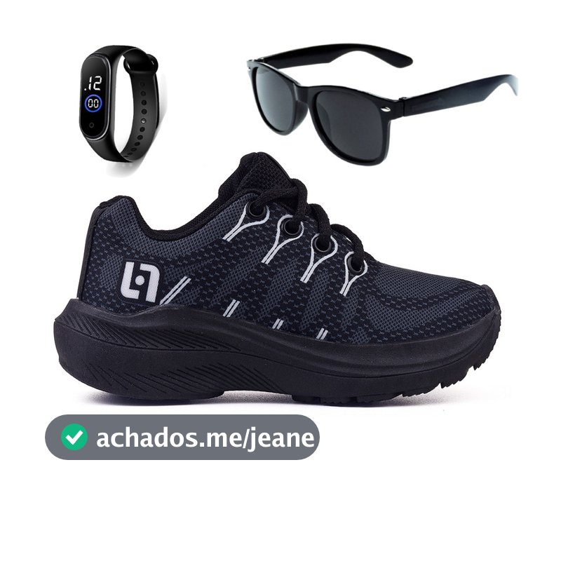 Tenis Infantil Meninos Casual Escolar Preto Preto + Óculos e Relógio