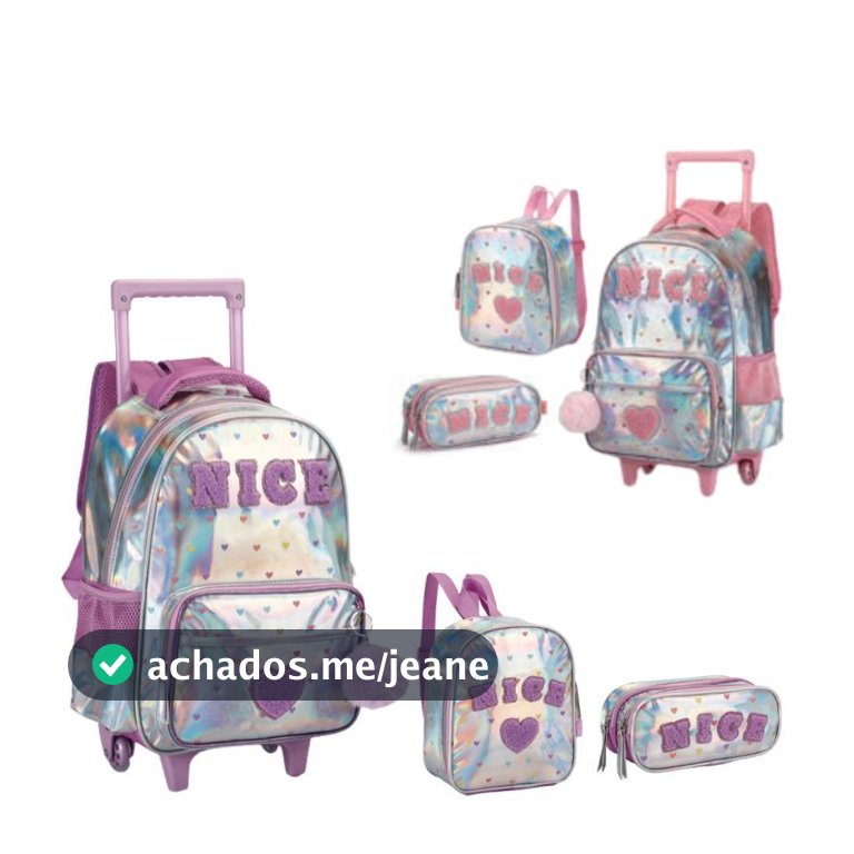 Kit Escolar Infantil Menina Nice Pelúcia Holográfica Mochila de Rodinhas Lancheira Térmica Estojo Garrafinha