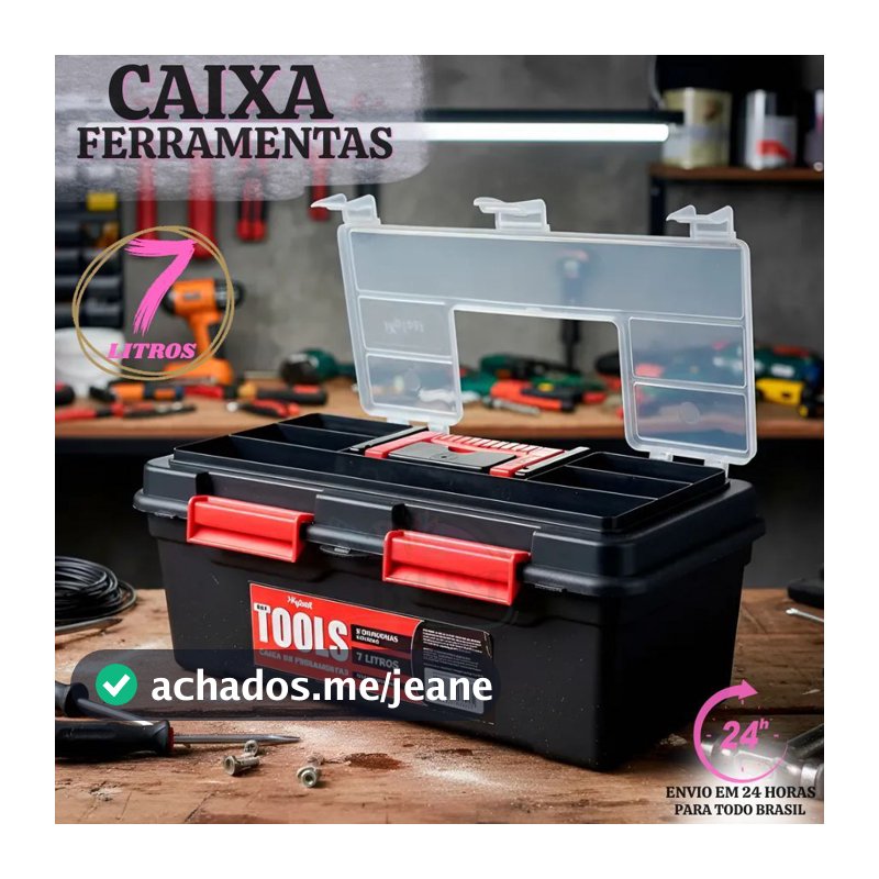 Caixa para ferramentas XPLAST 7L e 5 Divisórias Resistente Reforçada Preta