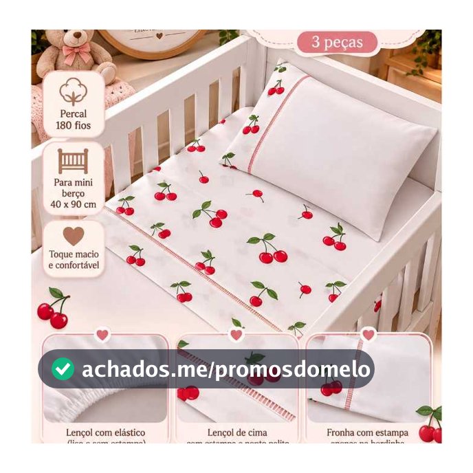 Jogo de lençol mini berço 3 peças percal 180fios 40x90 cm