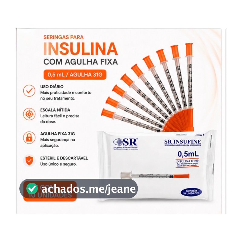 Kit Seringa Insulina 0,5 ml Fixa Agulha Fina Ultrafina 0,25mm x 6mm Graduada Estéril Descartável 50ui 31g
