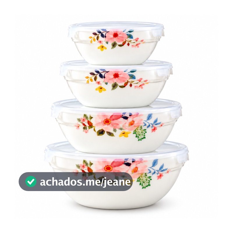 Kit 4 Tigelas Bowl de Vidro com Tampa Potes Decorados Saladeira Sobremesa Micro-ondas Freezer 220ml a 1100ml