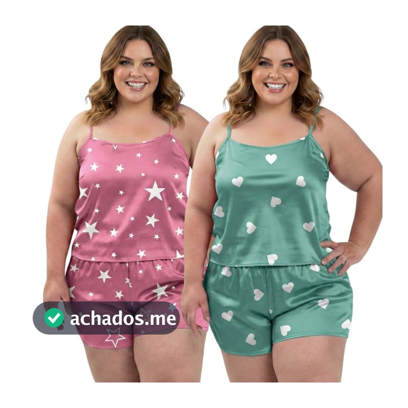 Kit 2 Pijamas Plus Size Baby Doll Conjunto Short Doll Estampado Sem Bojo Pijama Feminino Premium