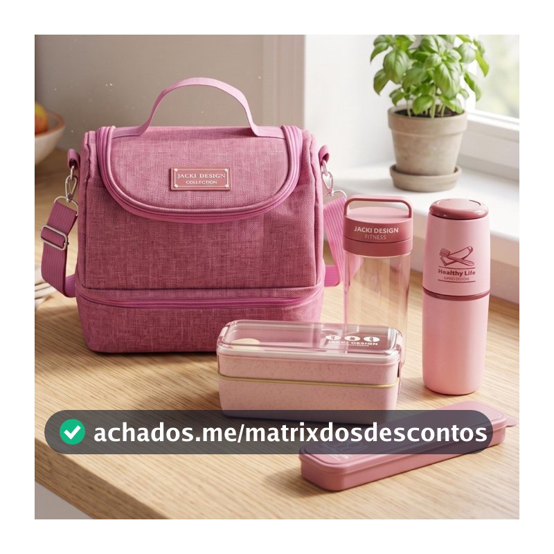 Kit de Bolsa Térmica c/ 2 Compartimentos, Copo e Marmita, Porta Talher e Porta Escova