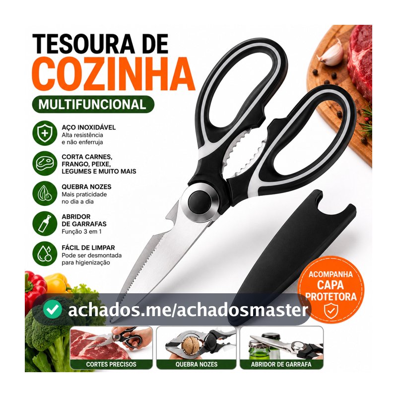Tesoura de Cozinha Multifuncional Aço Inox com Capa Corta Carne Frango Peixe Legumes