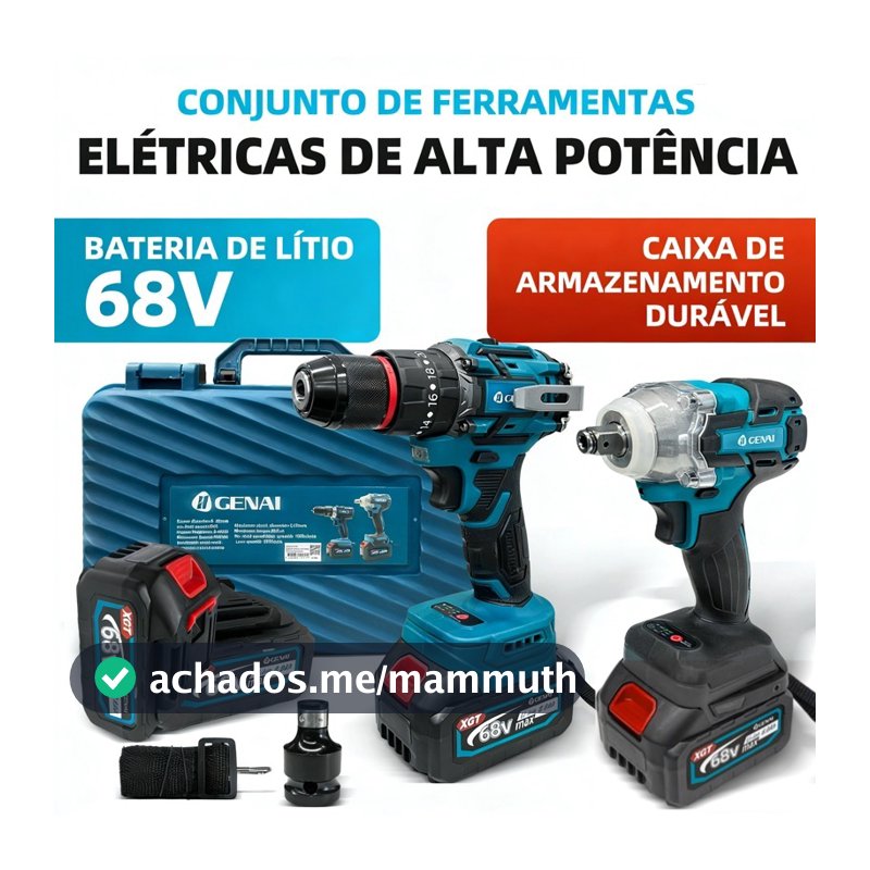 GENAI-21V Kit 2 Furadeira Parafusadeira Elétrica e Chave de Impacto A Bateria Potente Brushless 2 Baterias