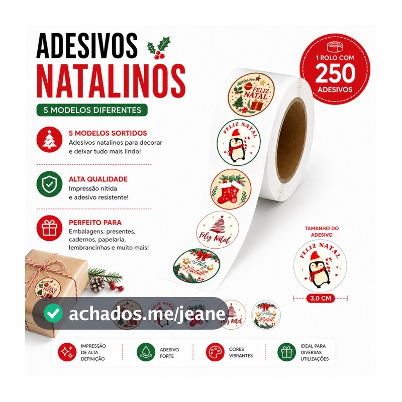 250 Adesivos Fofos de Natal | Modelo Feliz Natal | Papelaria Kawaii | 3cm