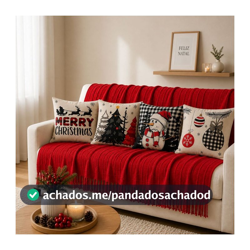 Kit Manta Decorativa 1,40x1,70 + 4 Capas de Almofada Natal 43x43 para Sala e Sofá Decoração Natalina
