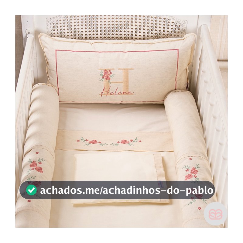 Kit Berço Americano Menina Rosê Personalizado Com Nome Linho Premium Protetor Rolinho 9pçs
