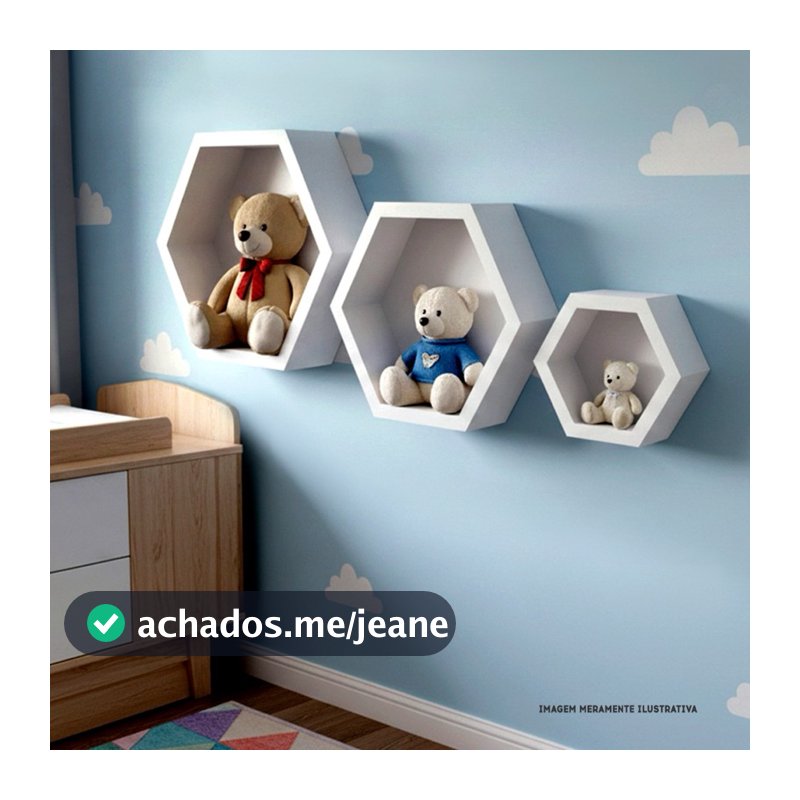 Trio de nicho hexagonal quarto de Bebe   P,M,G+Bucha e parafuso