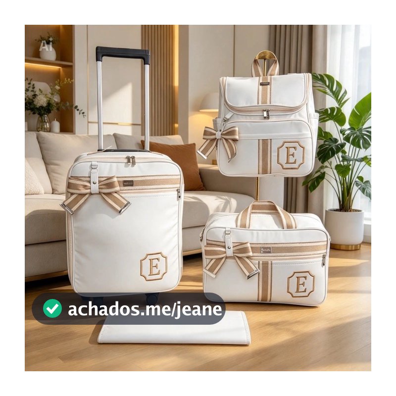 kit de bolsas de maternidade com mala de rodinha e mochila 2 em um branco com faixa bege listrado