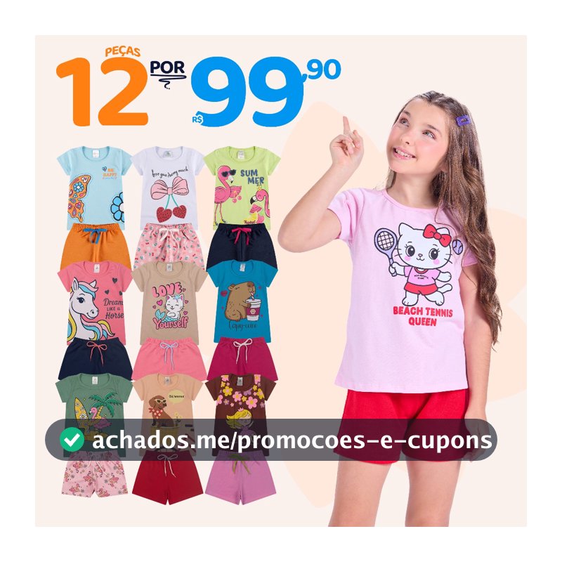 Kit Sortido 12 Peças de Roupas Juvenil Menina - 6 Camisetas + 6 Bermudas - Kit com 6 Conjunto de Verão Feminino Juvenil