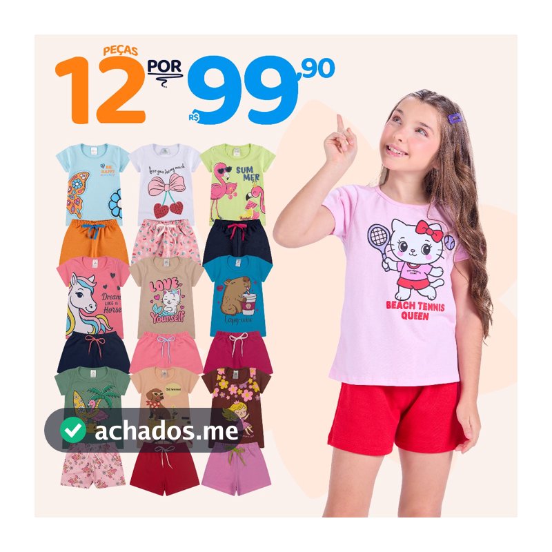 Kit Sortido 12 Peças de Roupas Juvenil Menina - 6 Camisetas + 6 Bermudas - Kit com 6 Conjunto de Verão Feminino Juvenil