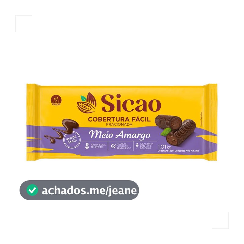 Cobertura Fácil Fracionada Meio Amargo Barra 1,01kg Sicao