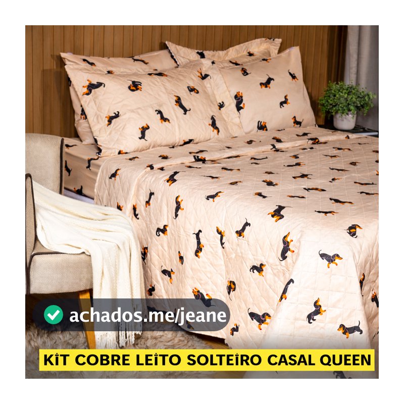KIT COBRE LEITO ESTAMPADO CACHORRO SALSICHA SOLTEIRO CASAL QUEEN TOQUE MACIO