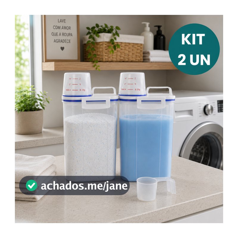 Kit 2 Potes Herméticos 2L Lavanderia Copo Medidor Bico Dosador Porta Sabão em Pó Amaciante Produtos de Limpeza