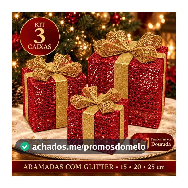 Caixa Presente Decorativa Natal Kit 3 Enfeite Árvore de Natal Glitter Vermelha Dourada Pé de Árvore
