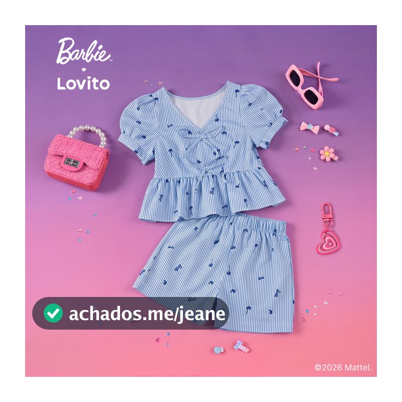 Barbie™ X Lovito Kids Conjunto Short Azul Menina Manga Curta Gola V Pernas Retas e Bordado LBL5AD035