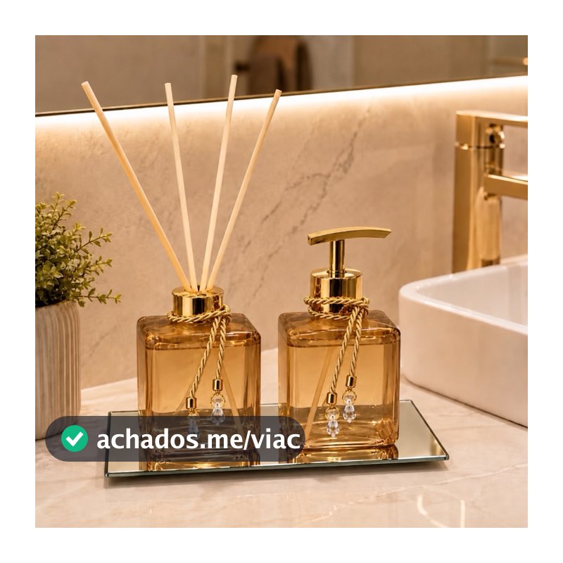 Kit Lavabo Pet Ambar Difusor de Varetas e Saboneteira Luxo Bandeja Banheiro Casa