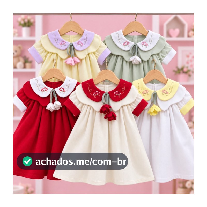 Vestido Infantil Menina com Gola Bordada Cordão Flor Delicado Confortável Tecido Fustão Vestido Para Bebe