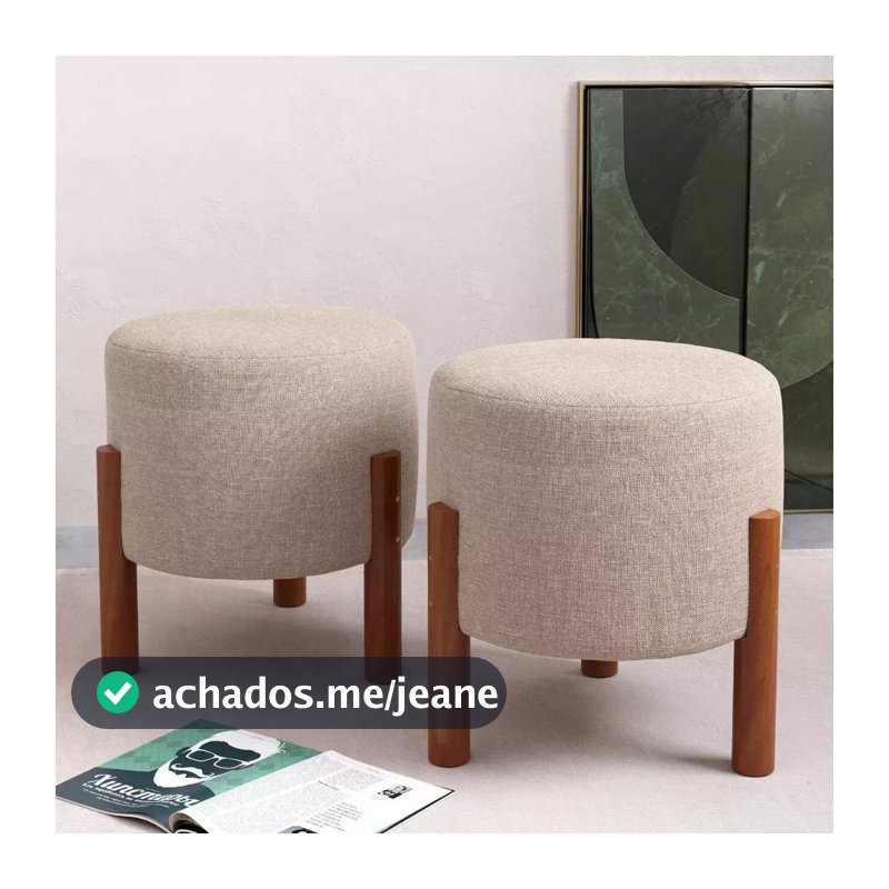QUEIMA DE ESTOQUE PROMOÇÃO! Kit 2 Puff Sala Banquinho Banqueta Linho Luxo Pés Madeira Maciça