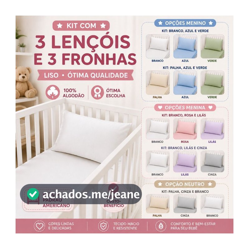 KIT 3 JOGOS LENÇOL E FRONHA LISA DE BERÇO PADRÃO AMERICANO CORES VARIADAS 100% algodão