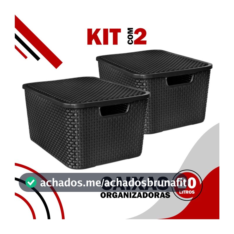 Kit 2 Caixas Organizadoras Rattan 20 Litros Com Tampa  Preta Armário e Brinquedos  Cesto Organizador