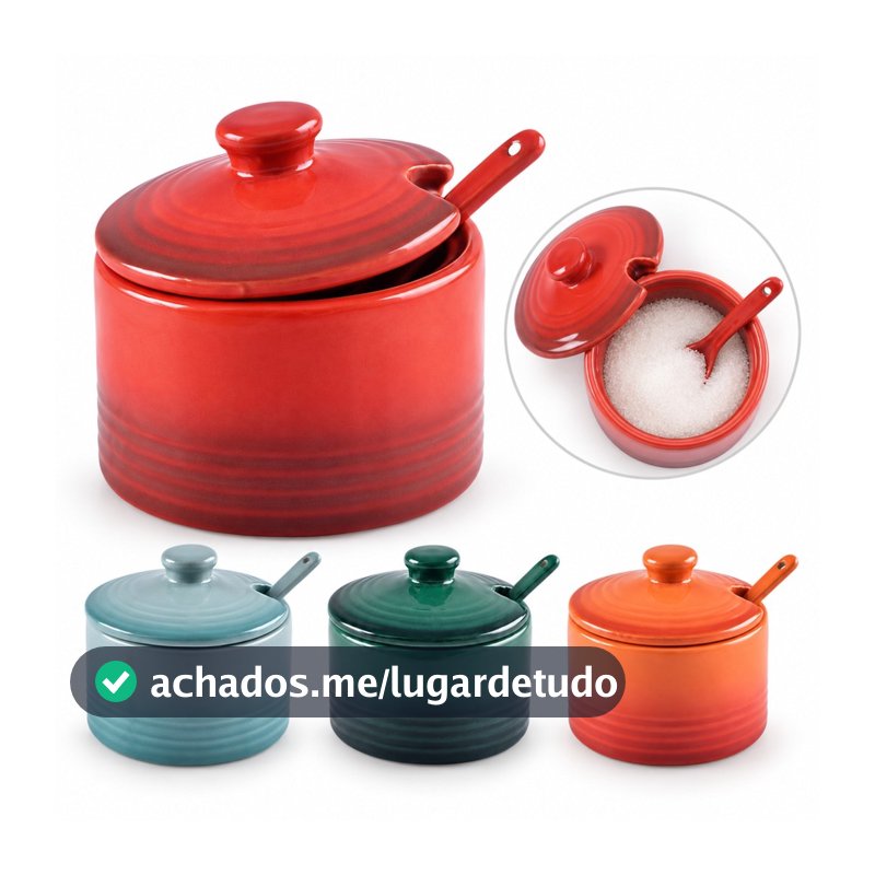 Açucareiro Saleiro Le Chef 200ml Cerâmica Com Tampa E Colher 4 Cores Para Mesa E Cozinha