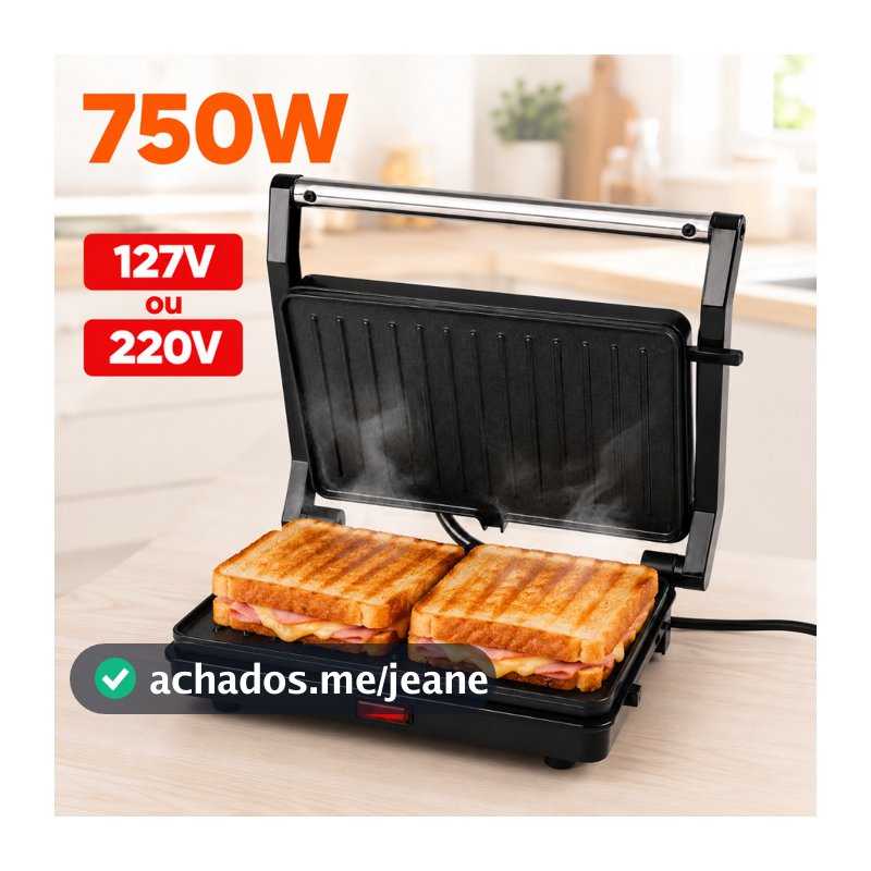 Grill Elétrico Sanduicheira Prensa Dupla 2 em 1 Antiaderente 750W 110V ou 220V Led Indicador
