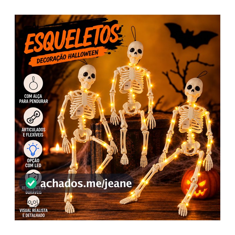 Esqueleto Corpo Humano 40 Cm Caveira Opção com LED Articulada para Festas e Decoração Halloween