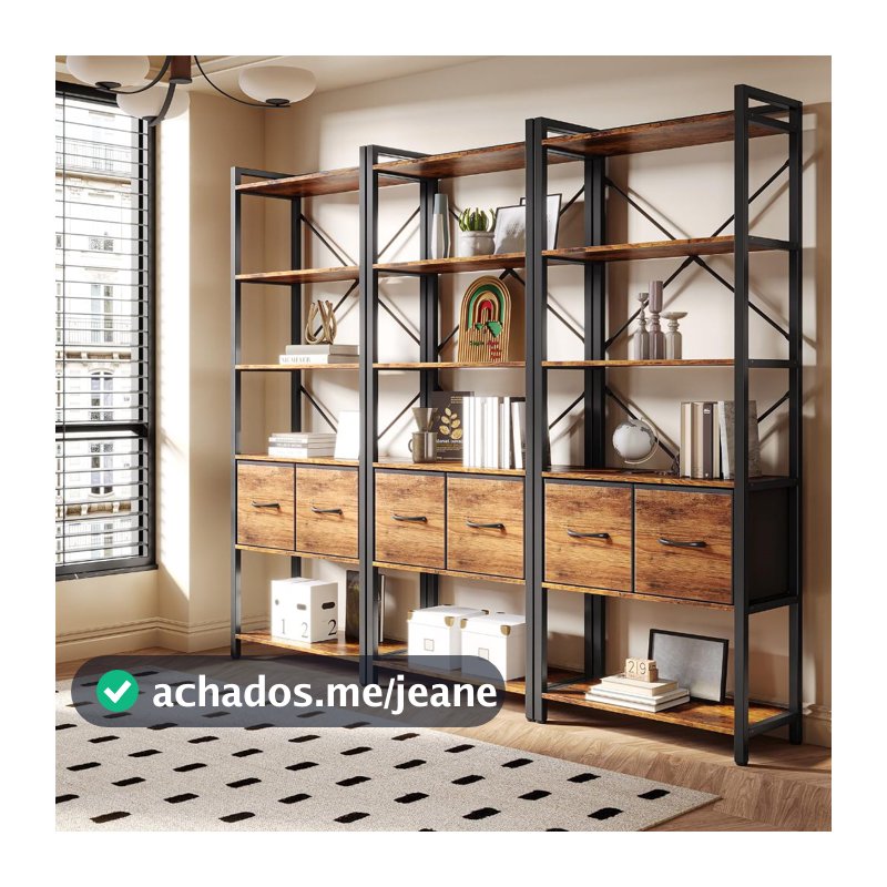 Estante Industrial 6 Prateleiras com 2 Gavetas de Tecido, Madeira e Metal 60x30x160cm para Sala e Escritório