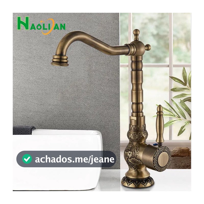 Latão Antigo Torneira Gourmet Cozinha Torneira Cozinha Bancada Misturadora Quente E Fria Único Furo Guindaste Rotativo