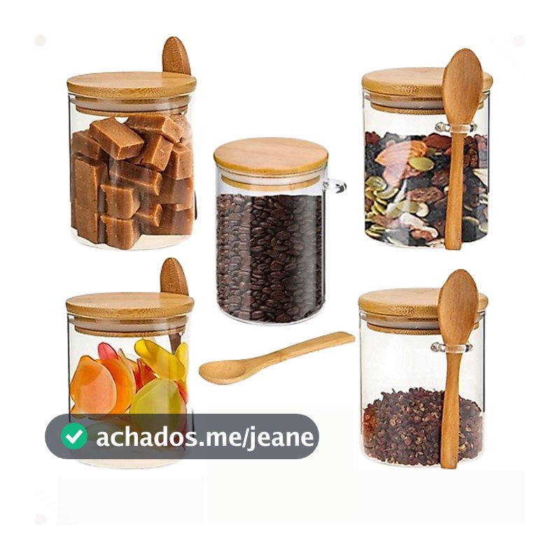 Kit 5 Potes Vidro 250ml com Tampa de Bambu Hermética e Colher – Porta Tempero Mantimentos
