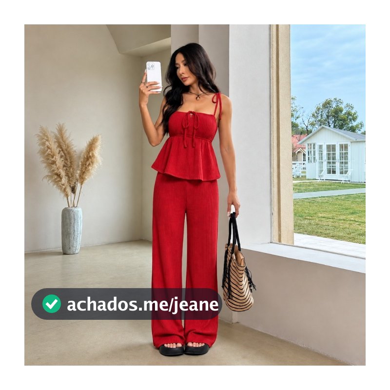 Conjunto Feminino Mel Blusinha Bata Com Alçinhas Amarração + Calça Pantalona Soltinha Look Versátil