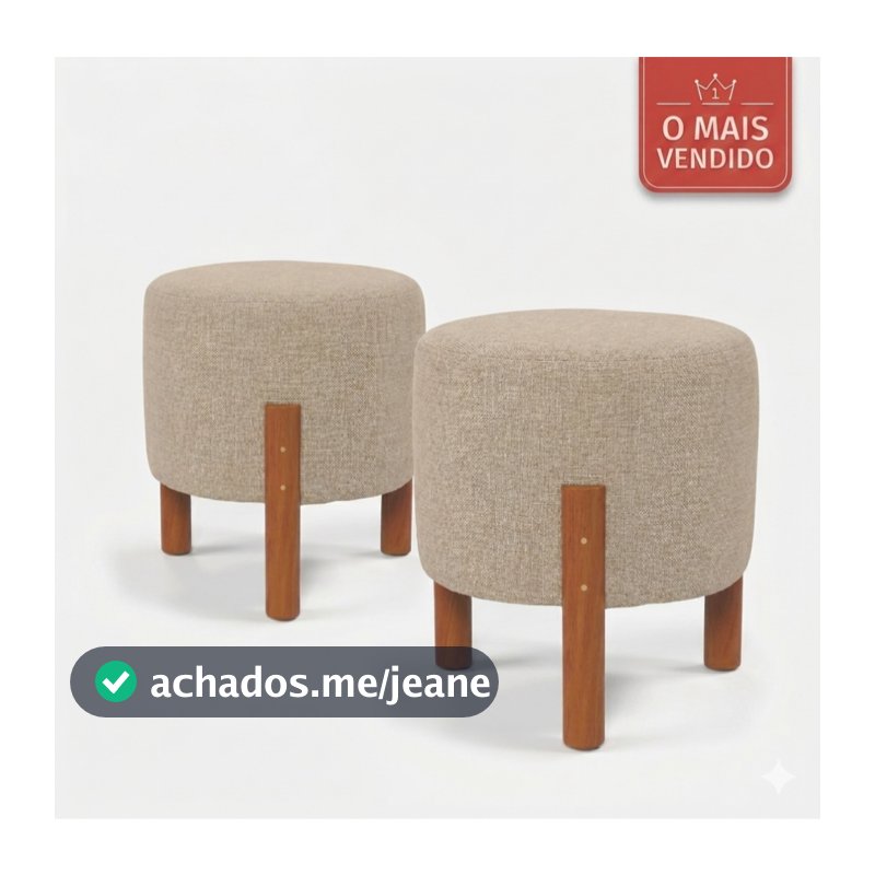 Kit 2 Puff Banquinho Redondo Decorativo Thor em Linho Pés Madeira Cor Bege - PC MÓVEIS