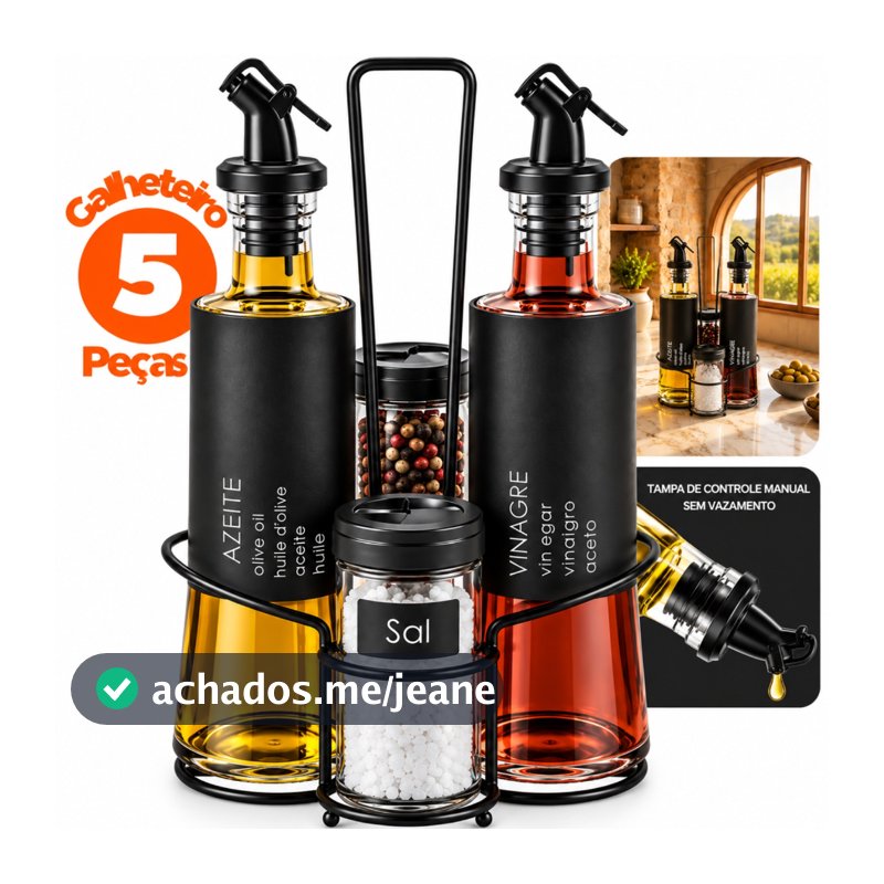 Kit Galheteiro 5 Peças Vidro GRANDE 300ml Azeite e Vinagre + 2 Porta Condimentos 85ml Suporte Dosador Antivazamento