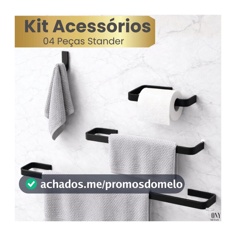 Kit Acessórios Para Banheiro Stander Quadrado Preto 04 Peças Metal Papeleira Porta Toalhas e Cabide