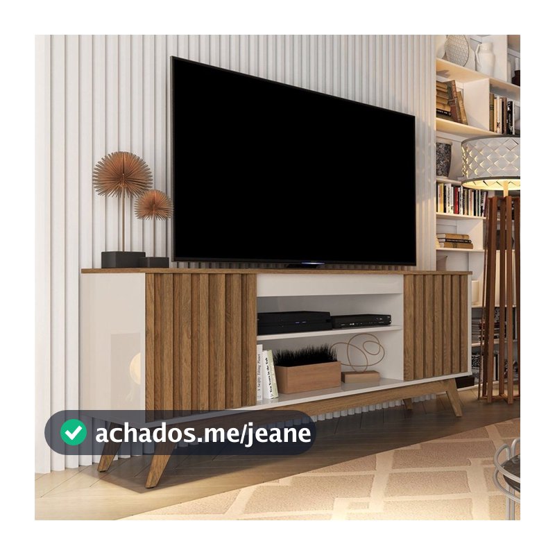 Rack Ripado Retrô para TV até 60 Polegadas MDF 160cm Pés em Madeira Maciça Malibu Wood Bege Off White/Freijó