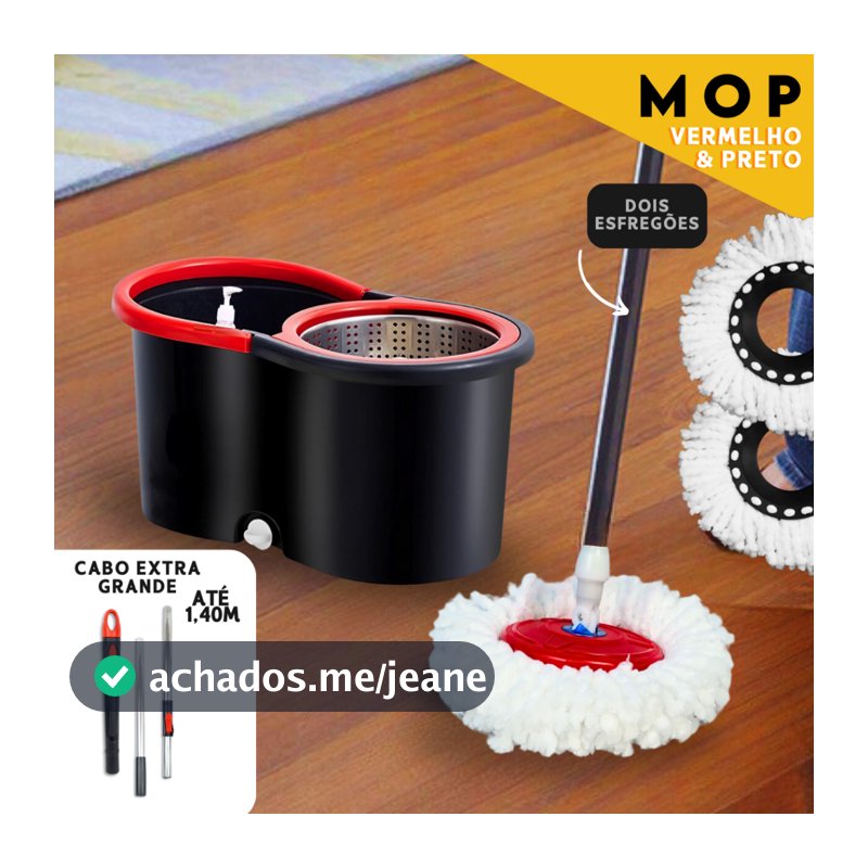 Mop C/ cabo de 140 cm + 2 Refis - Rodinhas e Cesto Em Inox - Balde Centrífuga - NL
