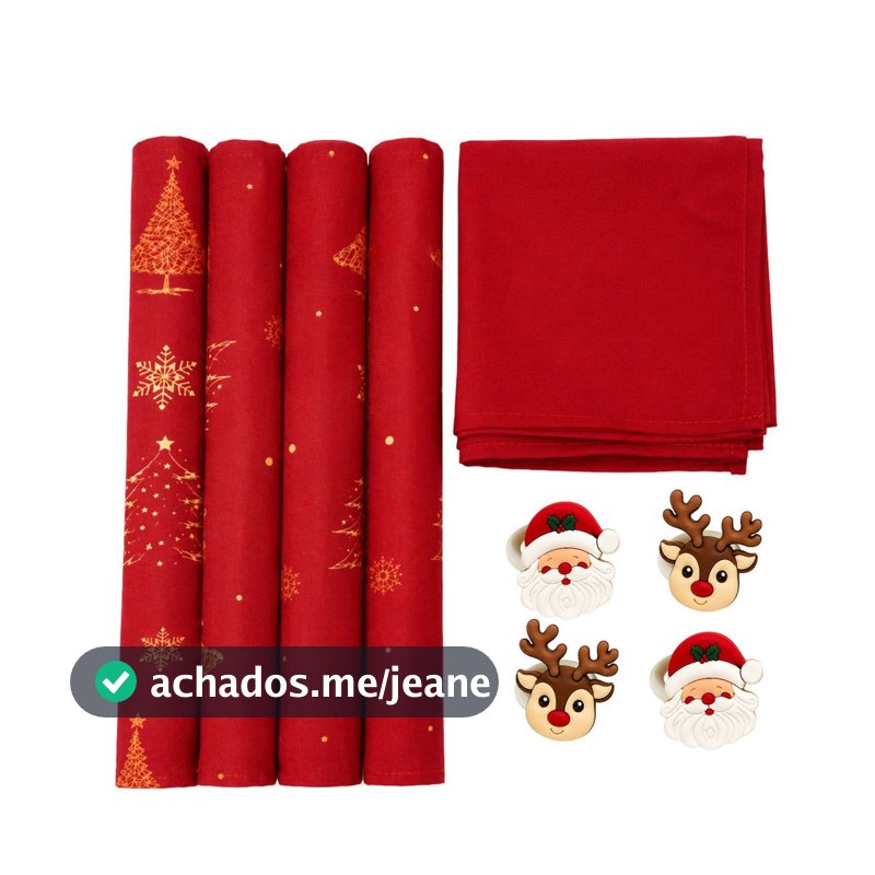 Kit Mesa Posta Natalina 4 Lugar Americano + 4 Guardanapo + 4 Anel de Guardanapo