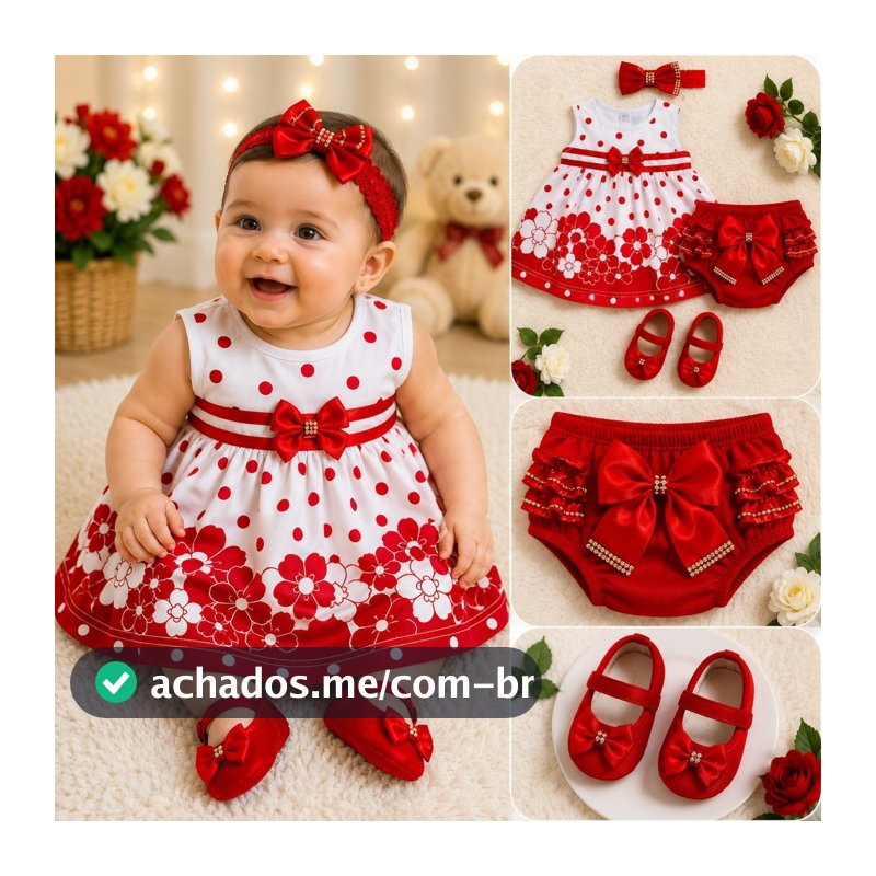 Kit Vestido 4 Peças Bebe Calcinha Bunda Rica Tiara Infantil Menina Recem Nascido Festa Aniversario