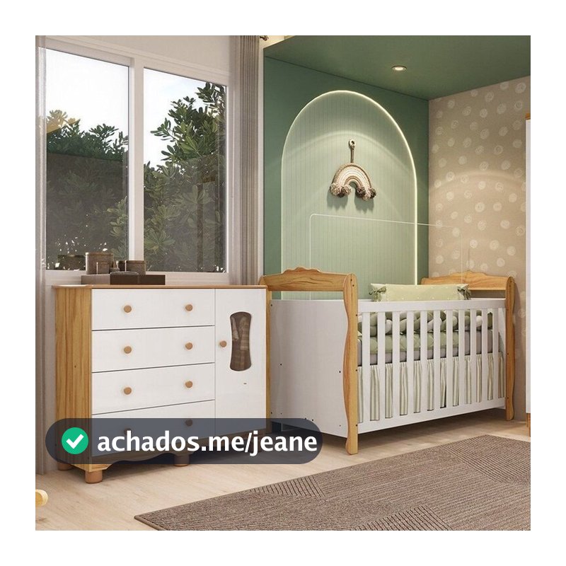 Quarto de Bebê Berço 3 em 1 Cômoda Janelada 1 Porta 100% MDF Aurora Espresso Móveis Branco/Amêndoa Branco