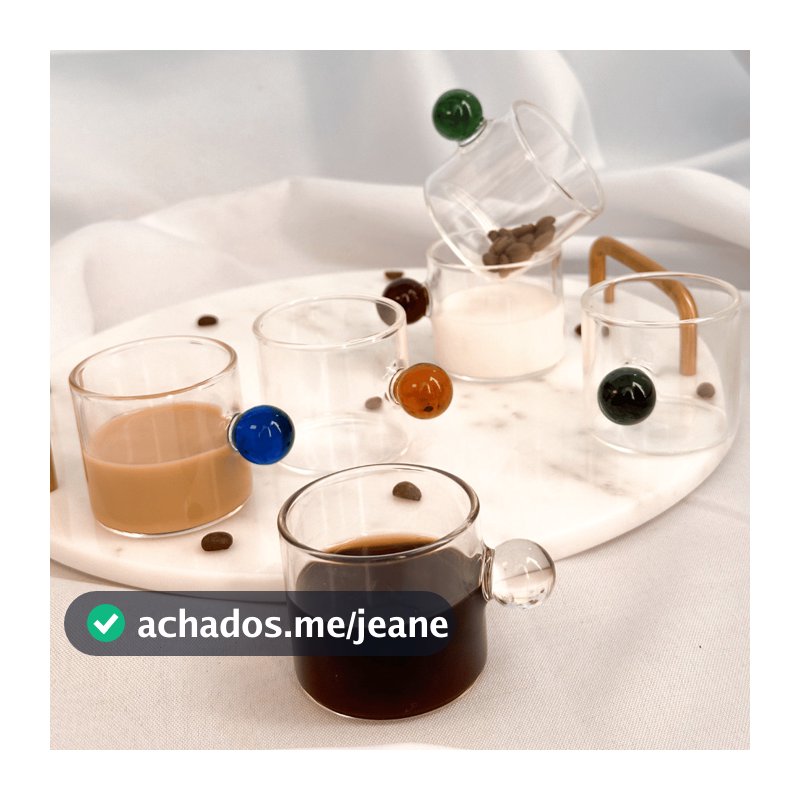 Jogo Conjunto Kit de 6 Xícaras de Vidro Borossilicato Alça Colorida Bolinha Café 100ml Transparente