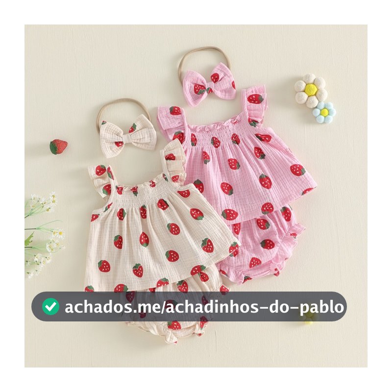 Roupa De Verão Morango Para Bebês Meninas Manga Voadora Babydoll Tops Shorts Com Babados E Faixa De Cabeça Laço Conjunto